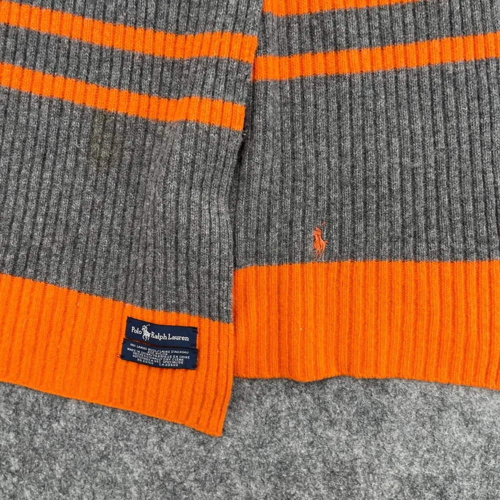 Polo Ralph Lauren Scarf Lambswool Ribbed Knit Striped Grey Orange Pony Logo